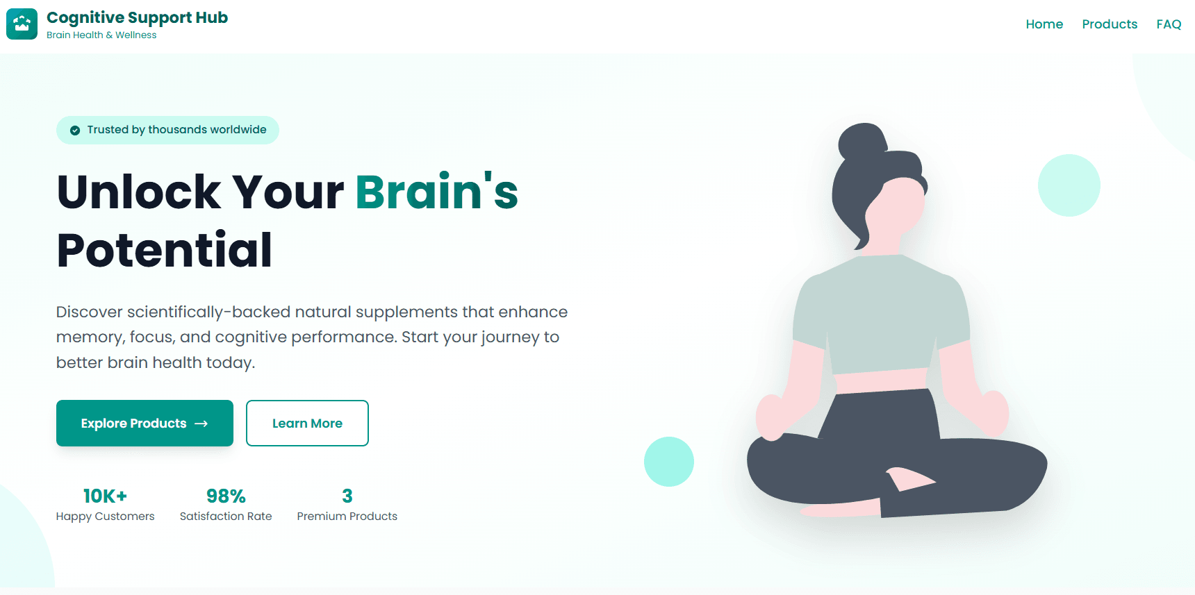 Cognitive Support Hub modern brain health supplements website showing product catalog and wellness content