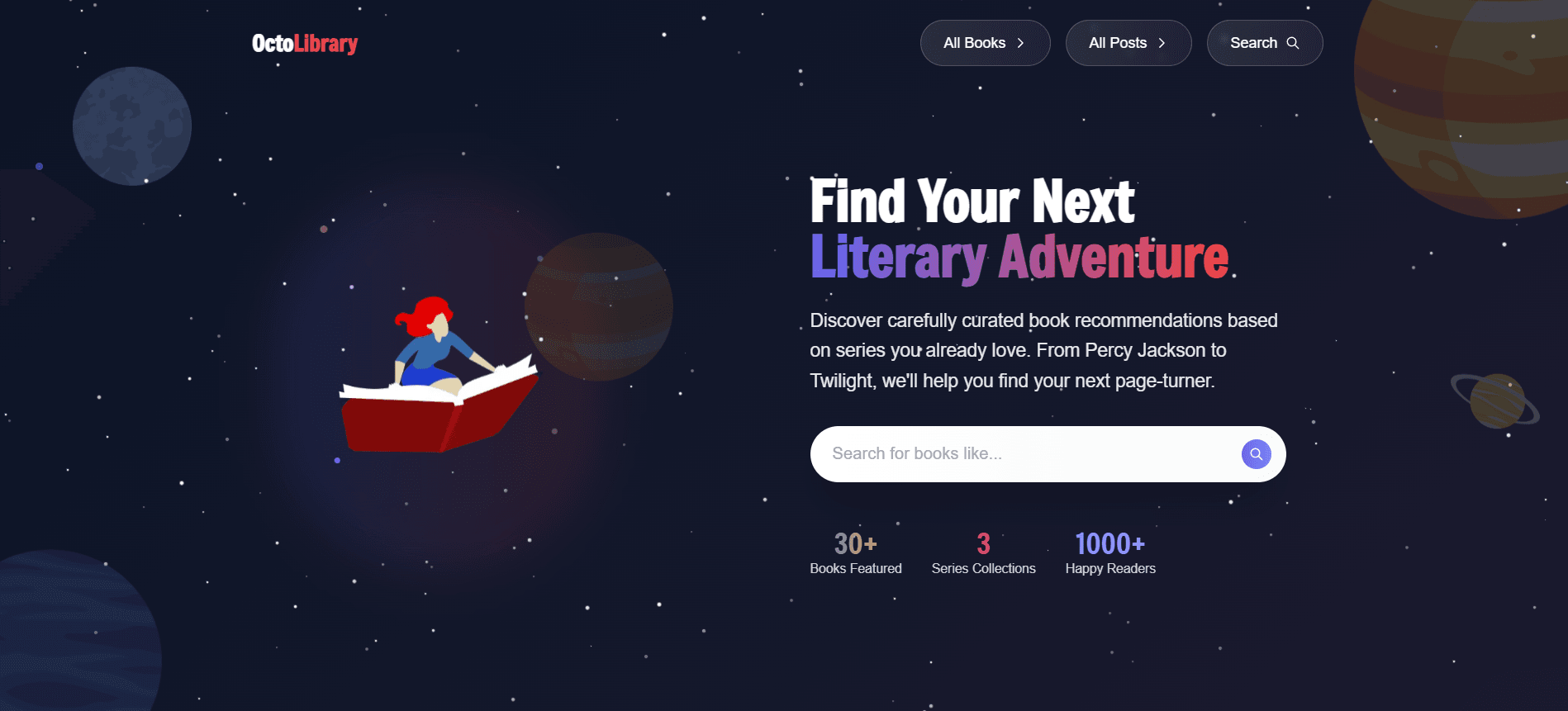 OctoLibrary modern book discovery platform showing curated collections with cosmic design